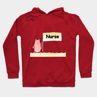 Nurse, profession, work, job. Cat shows a banner with the inscription. Watercolor illustration. A gift for a professional. Hoodie